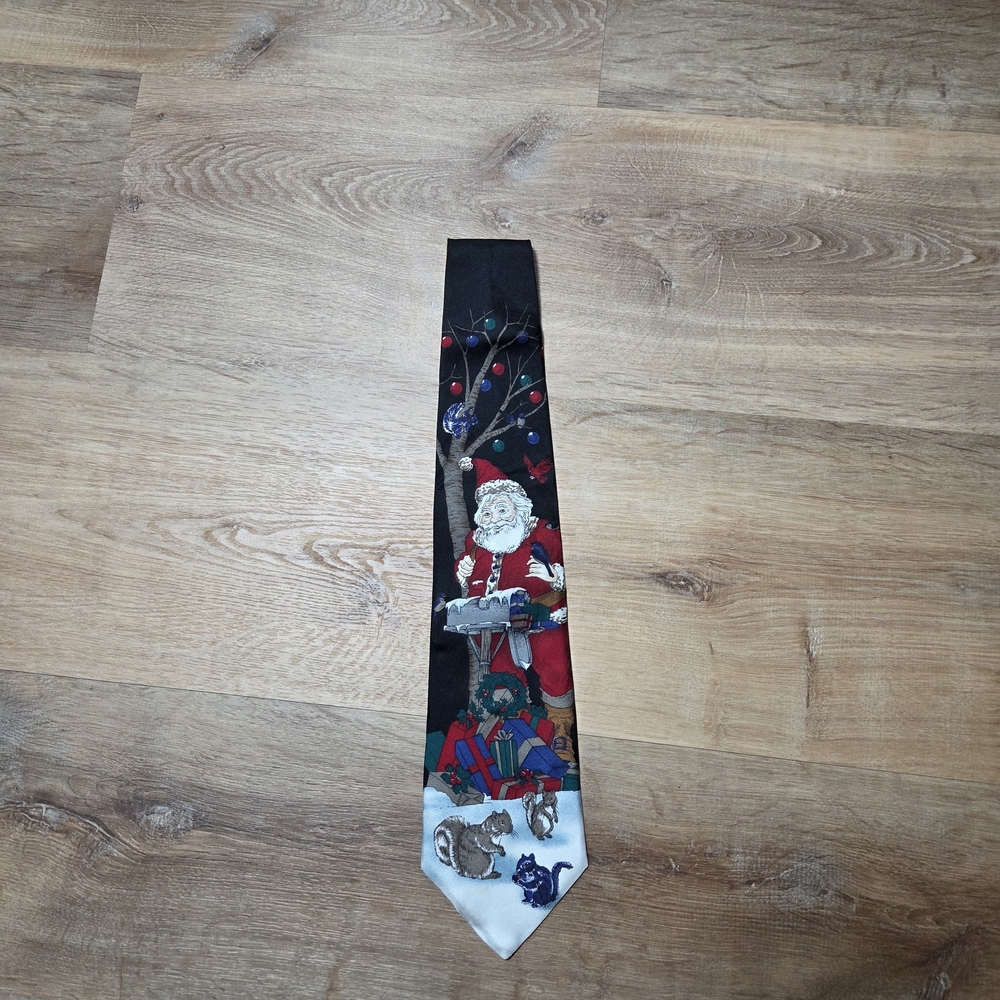 Christmas Holiday Santa With Squirrels And Birds Necktie 100% Silk